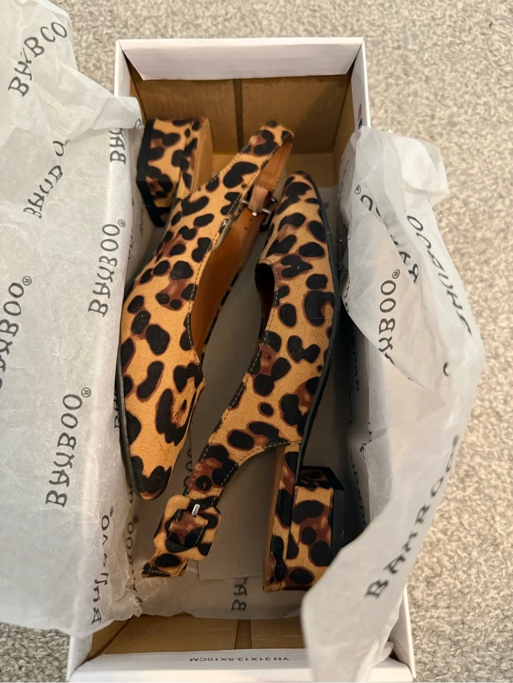 BAMBOO Leopard Print Slingback Flats with kitten block heel